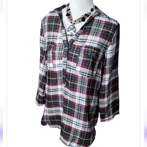 Skies Are Blue Yancy Plaid Partial Button-Up Top - Burgundy, Blue, White & Tan.